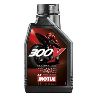 Motul 4-stroke Engine Oil 300V Factory Line Road Racing 10W40, 100% synthetic 4-stroke motorcycle racing lubricant.