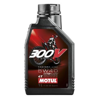 Motul 4-stroke Engine Oil 300V Factory Line Off Road Racing 5W40, 100% synthetic 4-stroke motorcycle racing lubricant.