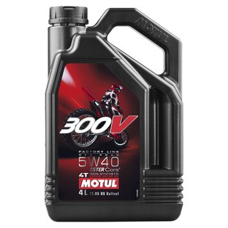 Motul 4-stroke Engine Oil 300V Factory Line Off Road Racing 5W40, 100% synthetic 4-stroke motorcycle racing lubricant. 4 ltr.
